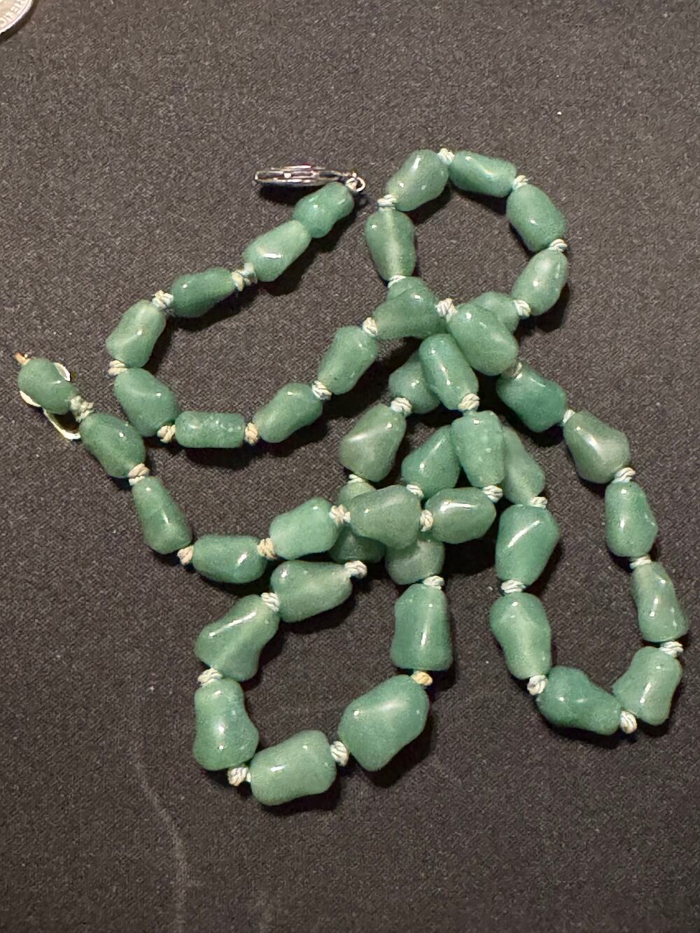 Vintage 25in Green Jade Silver Clasp Hand Knotted